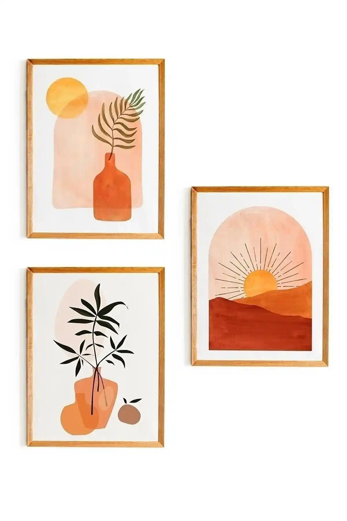 NT Handmade 3 Parça Ahşap Çerçeve Görünümlü Güneş Duvar Dekoru Modern İç Mekanlar İçin