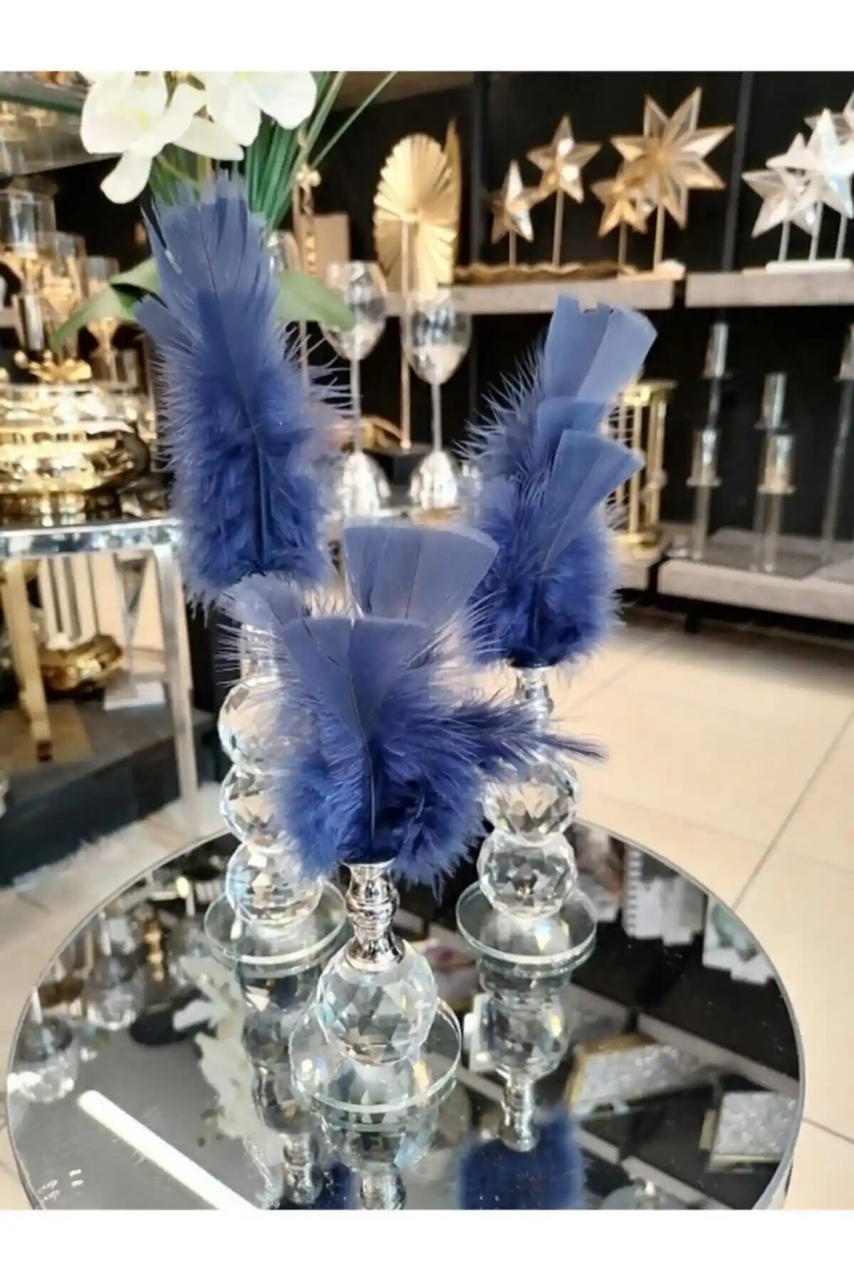 PoyaMum Dekoratif Tüy Seti Mavi Cam Biblo Modern ve Şık Tasarım