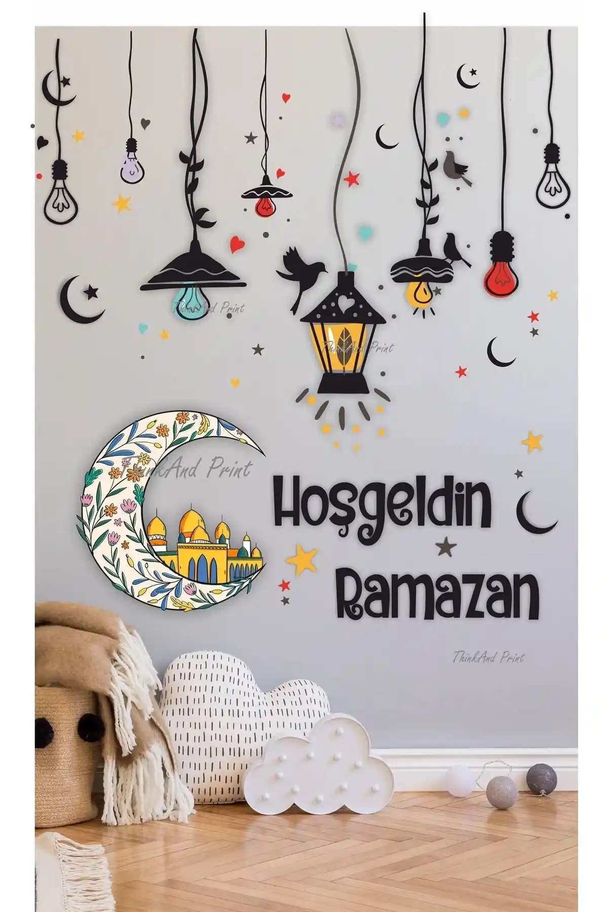 Ramazan Temalı Renkli Fener Sarkıt Cam Duvar Dekorasyon Sticker Seti