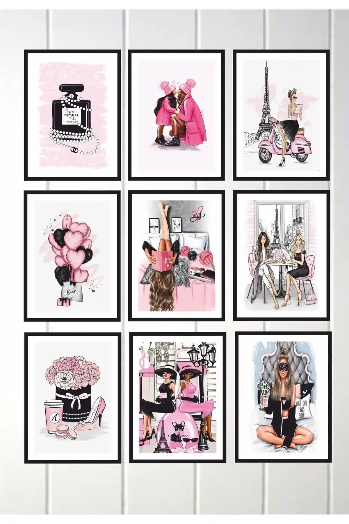 S&S VIP 9 Parça Pembe Genç Odası MDF Tablo Seti Modern Duvar Dekorasyonu