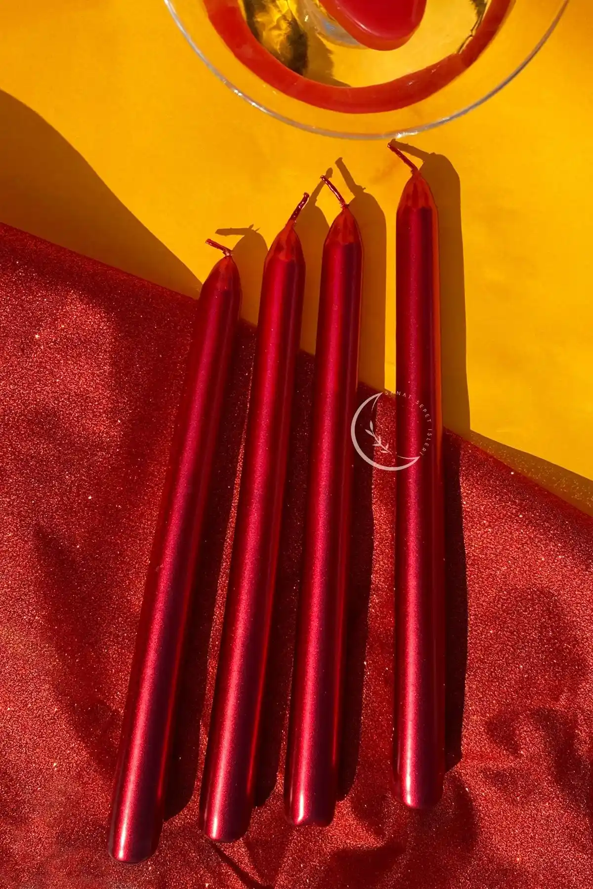 Sanat Sepet İşleri Premium Kırmızı Sedefli Konik Mum Seti 4'lü Dekoratif ve Aromatik