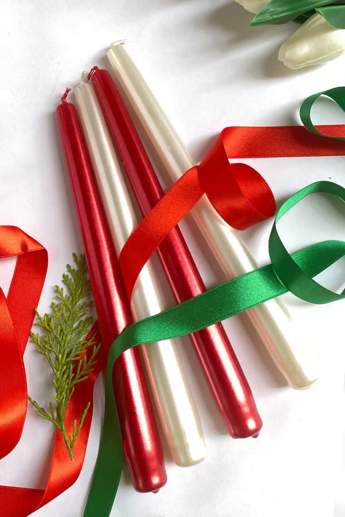 SANAT SEPET İŞLERİ Premium Kırmızı ve Beyaz Sedefli Konik Mum Seti Yılbaşı Dekorasyonu