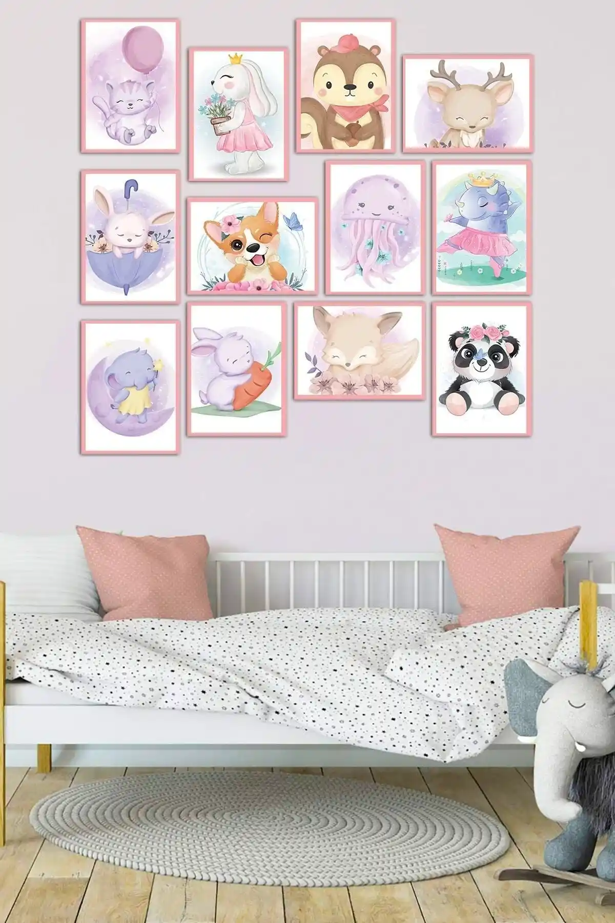 Scandinavian Animals 12 Parça Kız Çocuk Odası MDF Tablo Seti Modern ve Çocuk Dostu Dekorasyon