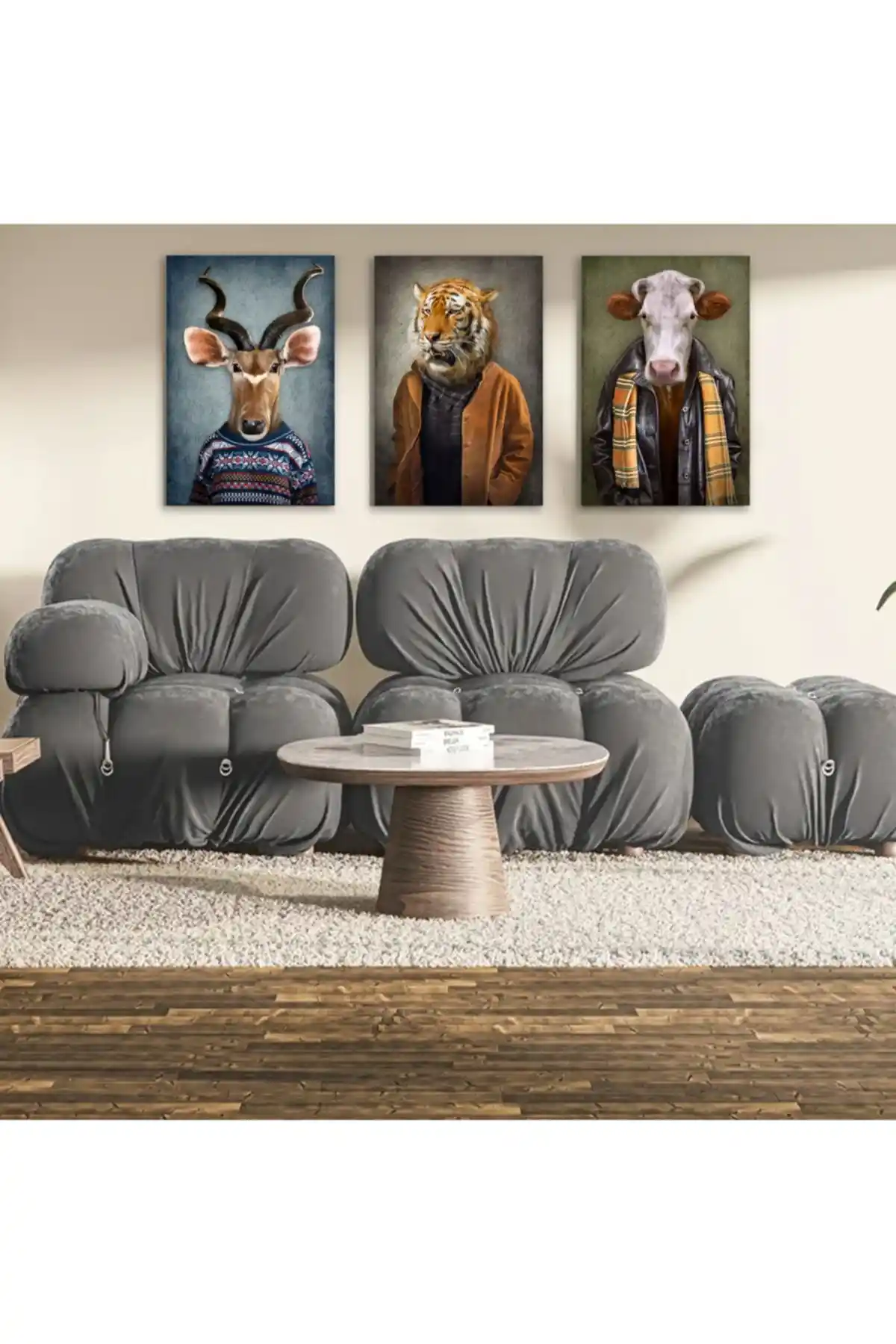 Sebenta İnsan Kıyafeti Giymiş Hayvan Portreleri Kanvas Tablo Seti Çift Taraflı ve Dayanıklı