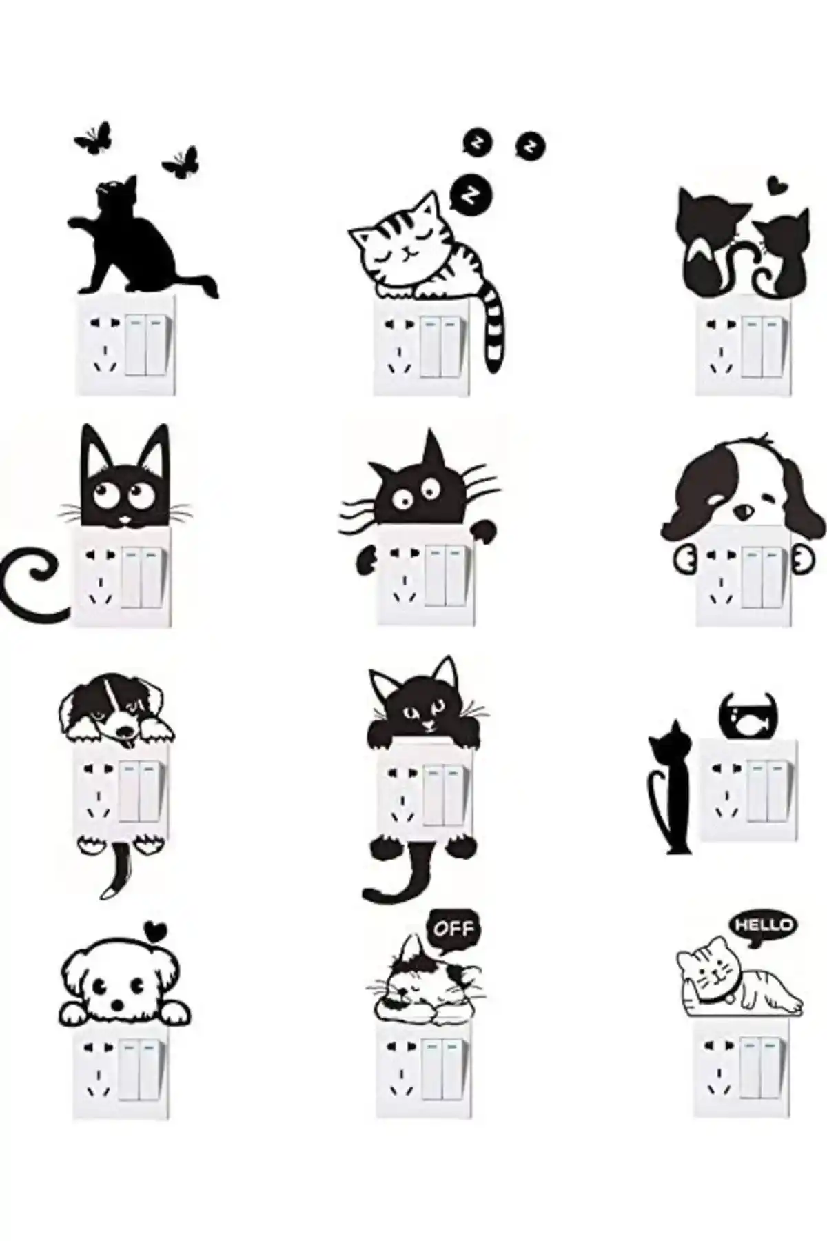 Sim Tasarım 12li Kedi Priz Sticker Seti Çocuk Odaları İçin Pratik ve Şık Dekoratif Çözüm