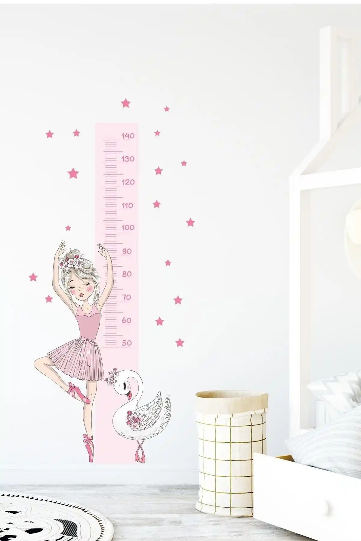 Sim Tasarım Pembe Balerin Boy Ölçer Duvar Sticker Seti Çocuk ve Bebek Odası Dekorasyonu İçin