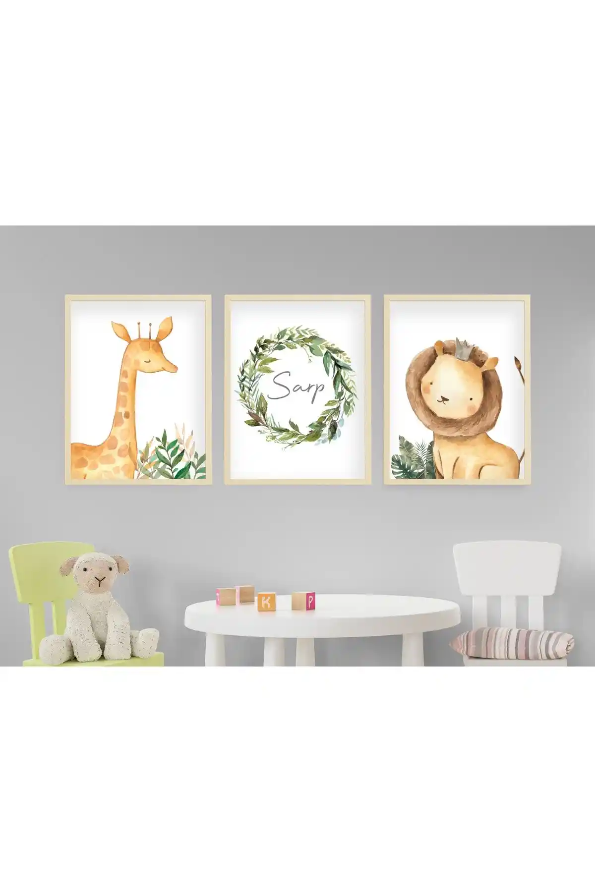 Ya&mu Tablosetleri 3 Adet Büyük Boy Ahşap Çerçeveli Bebek ve Çocuk Odası Tablo Seti