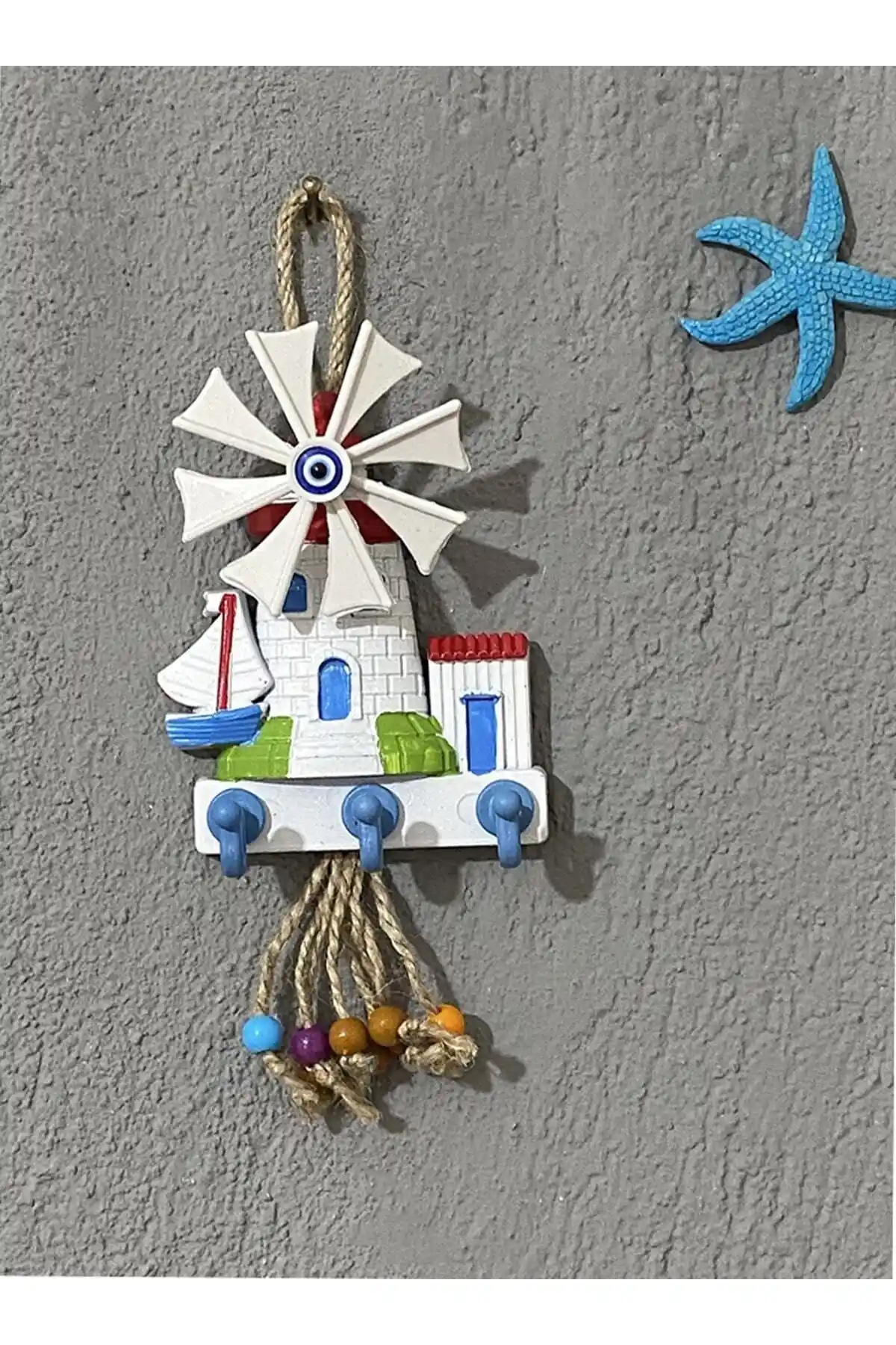 Yel Değirmenli Deniz Feneri 3 Kancalı Anahtarlık Duvar Süsü Dekorasyon Ürünü