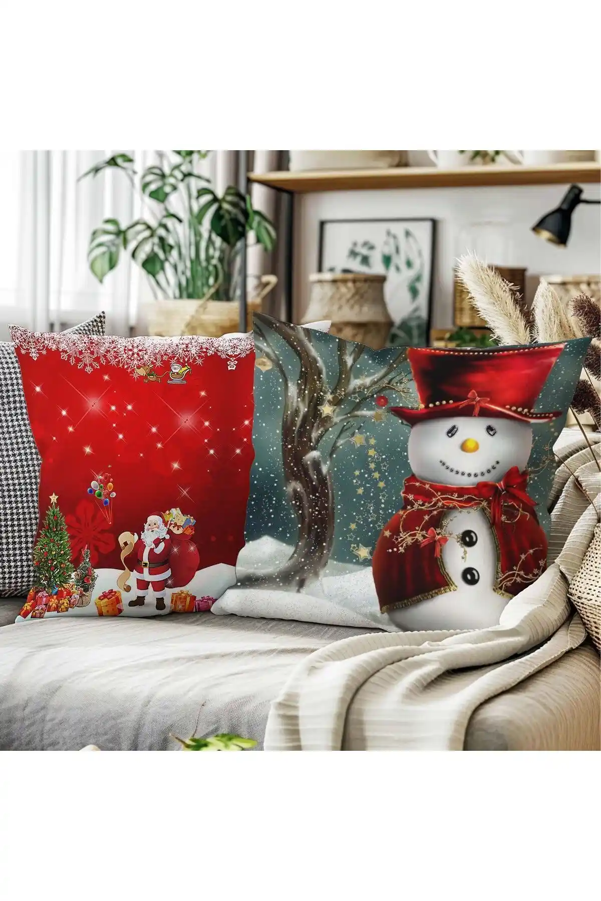 Yılbaşı Temalı 2'li Kardan Adam ve Noel Baba Desenli Kadife Kırlent Kılıfı Seti