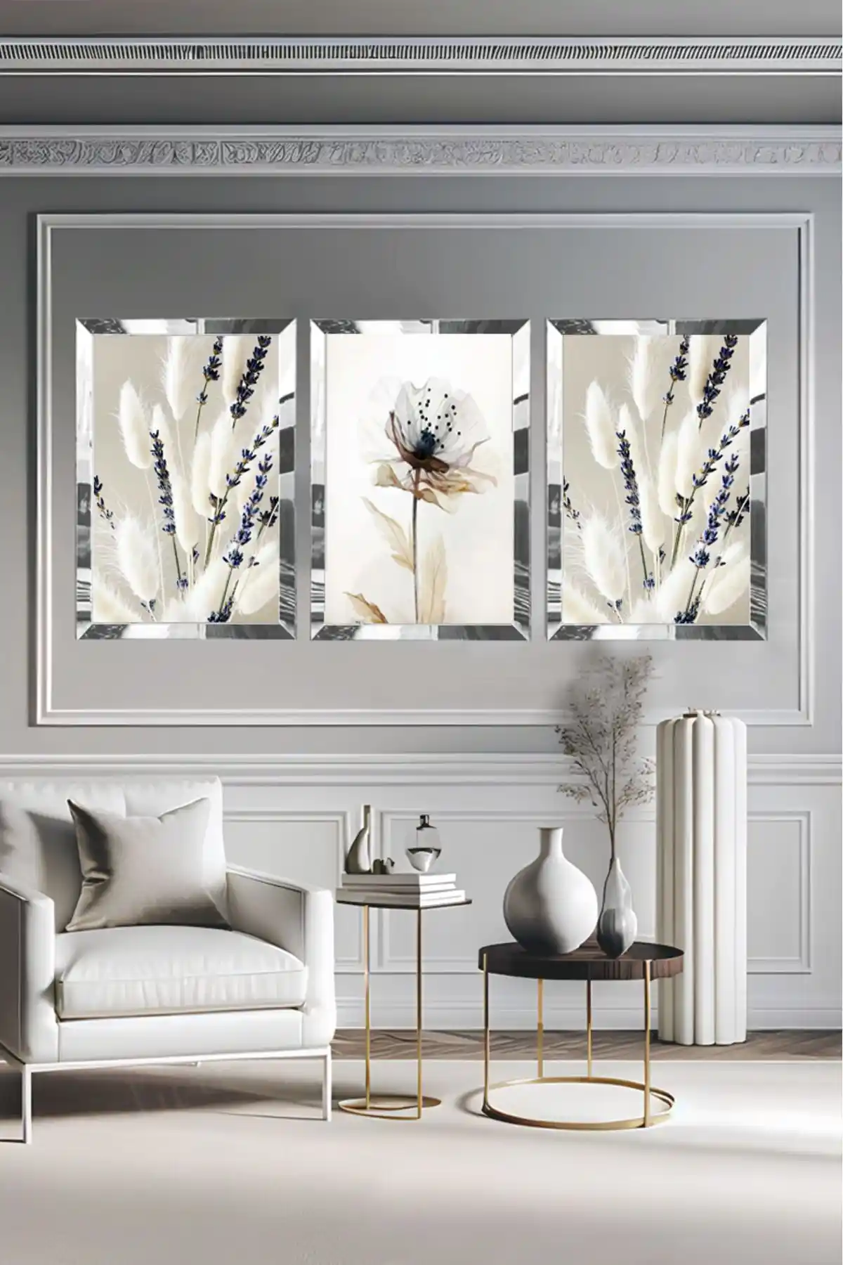 YOKTAYOK Modern Pleksi Çerçeveli Beyaz Çiçek Tablo Seti 3'lü Dekorasyon Çözümü