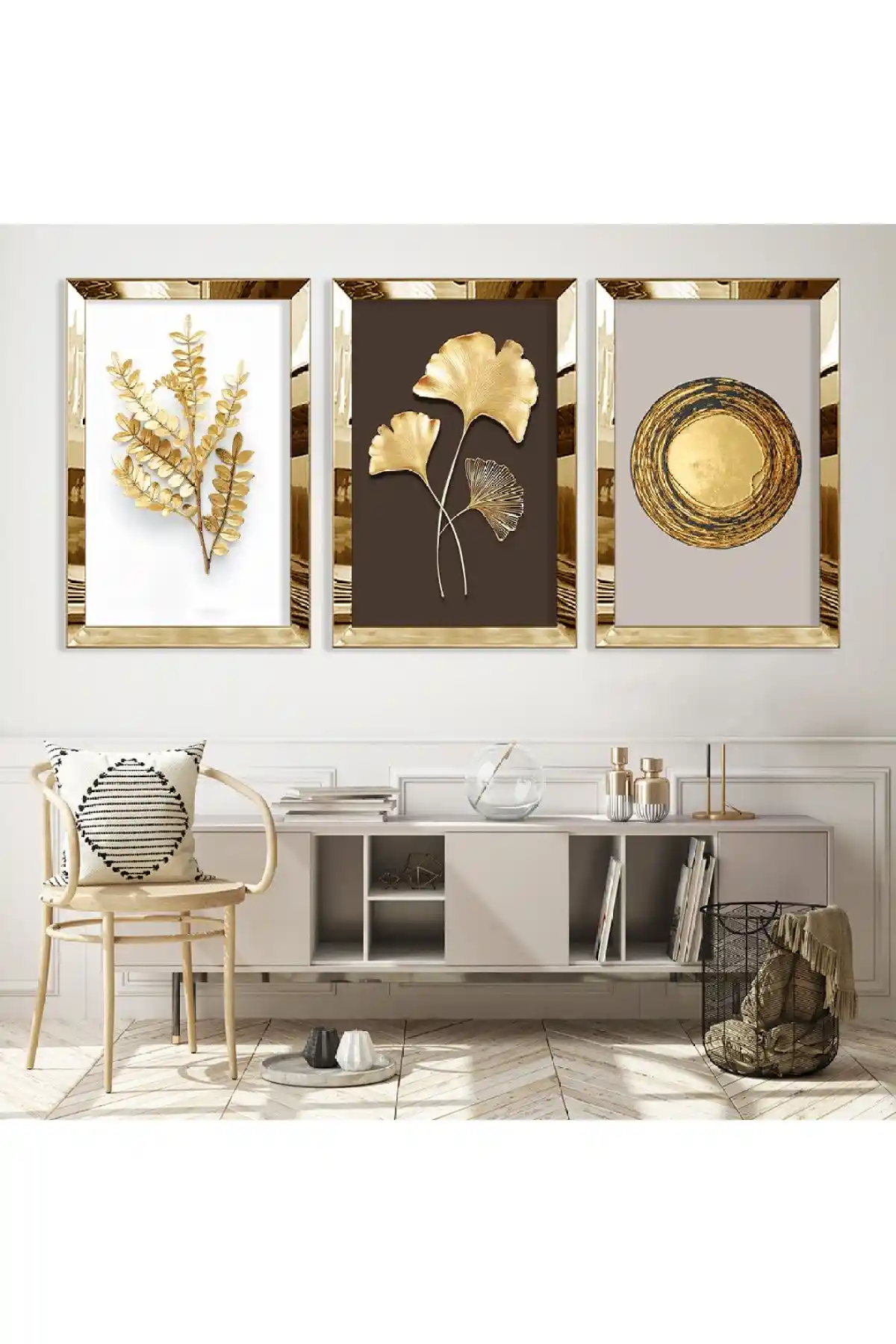 Zevahir Mobilya Gold Aynalı Pleksi Çerçeveli Üçlü MDF Tablo Seti ile Modern ve Şık Dekorasyon