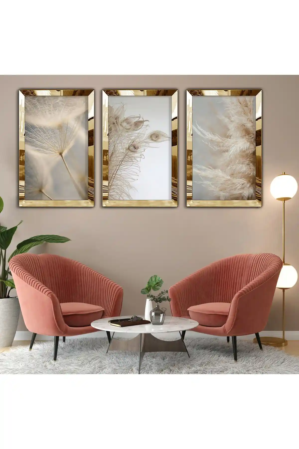 Zevar Mobilya Dekorasyon Altın Aynalı Pleksi Çerçeveli Kolaj MDF Tablo Seti