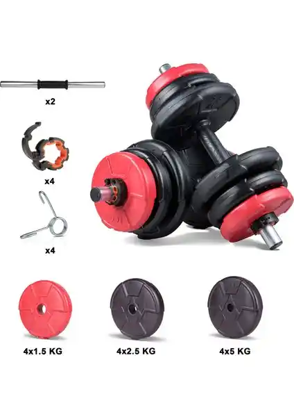 Ecgspor 36 Kg Dambıl Seti Kırmızı Siyah Güç ve Dayanıklılık İçin Uygun Spor Ekipmanı