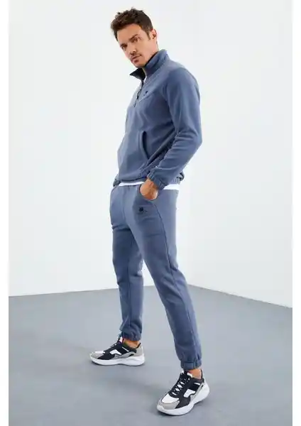 Tommy Life Petrol Erkek Eşofman Takımı Yarım Fermuarlı Dik Yaka Lastik Paça Polar