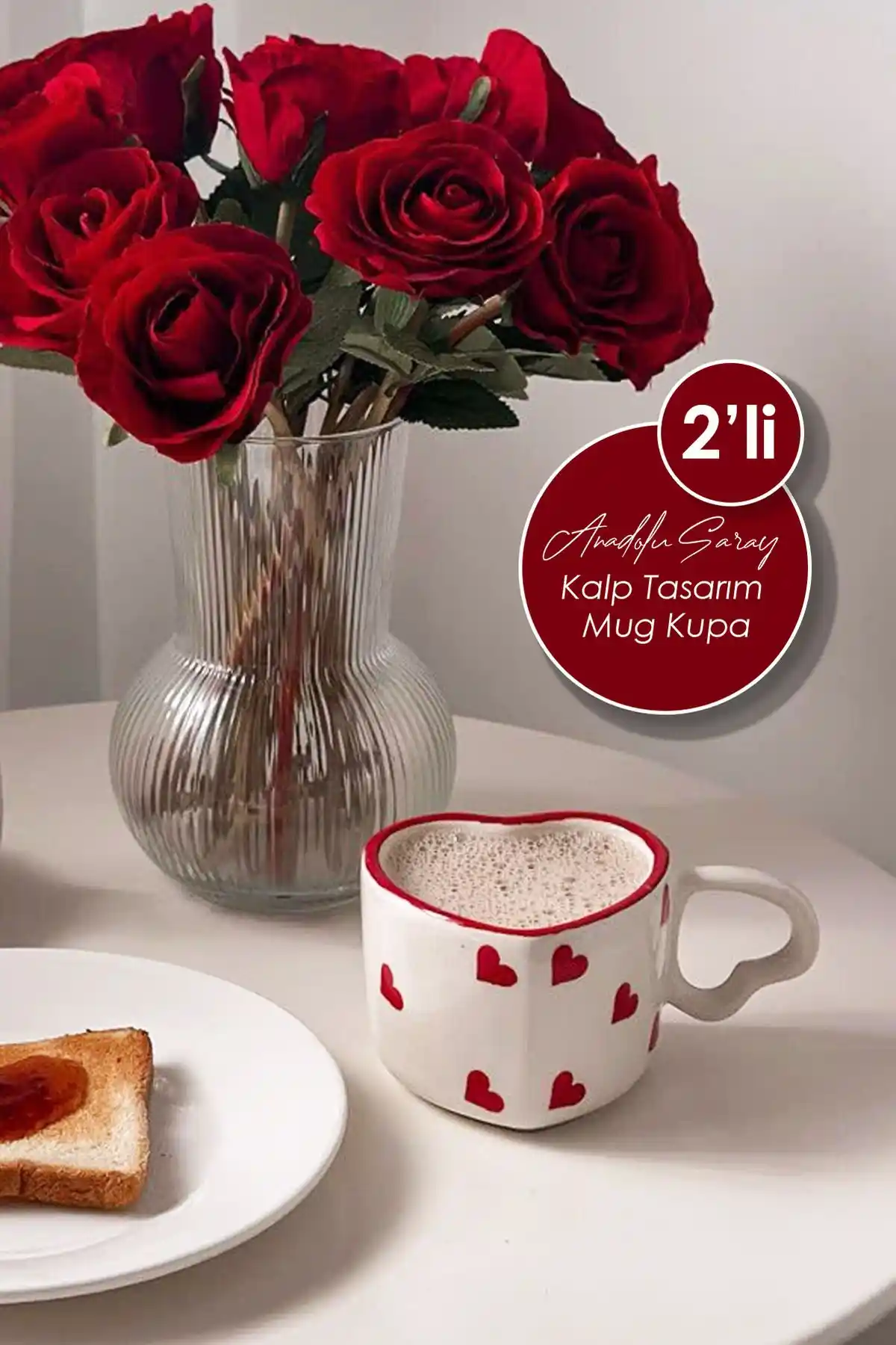 Anadolu Saray 2'li El Yapımı Seramik Kalp Tasarım Kupa Seti Günlük Kullanım ve Hediye İçin
