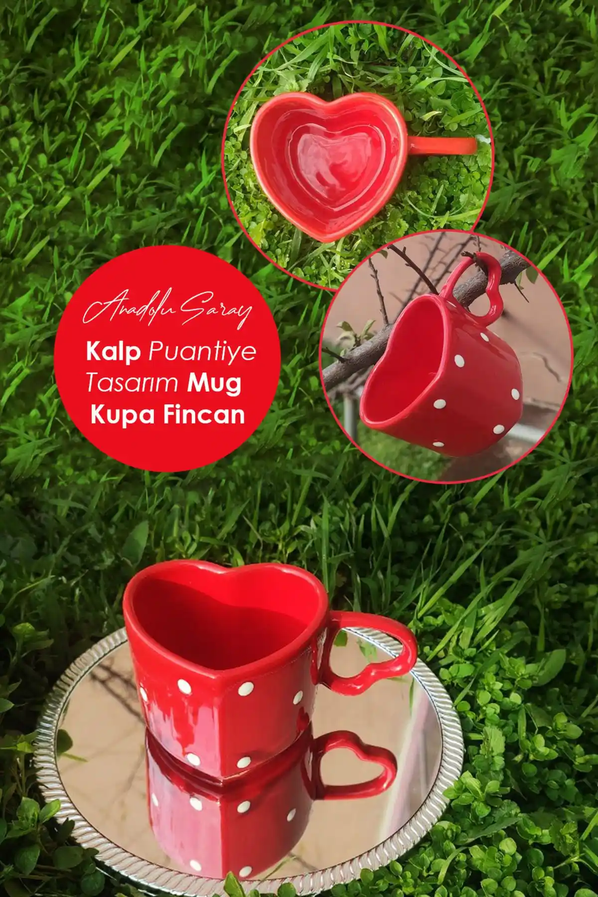 Anadolu Saray El Yapımı Seramik Puantiyeli Kalp Tasarım Mug Günlük Kullanım İçin Ideal