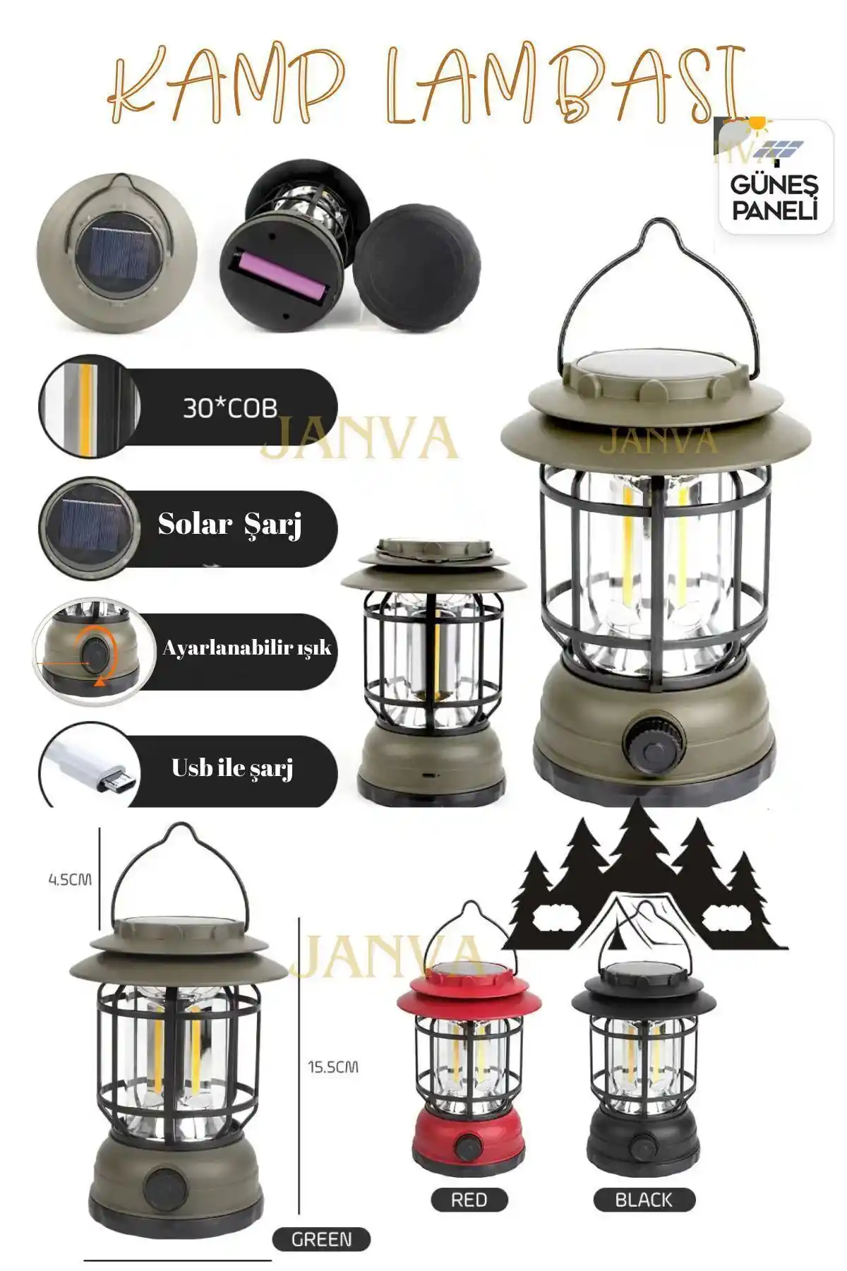 Janva Güneş Panelli Enerjili Nostaljik Ledli Kamp Feneri Çevre Dostu Aydınlatma Çözümü