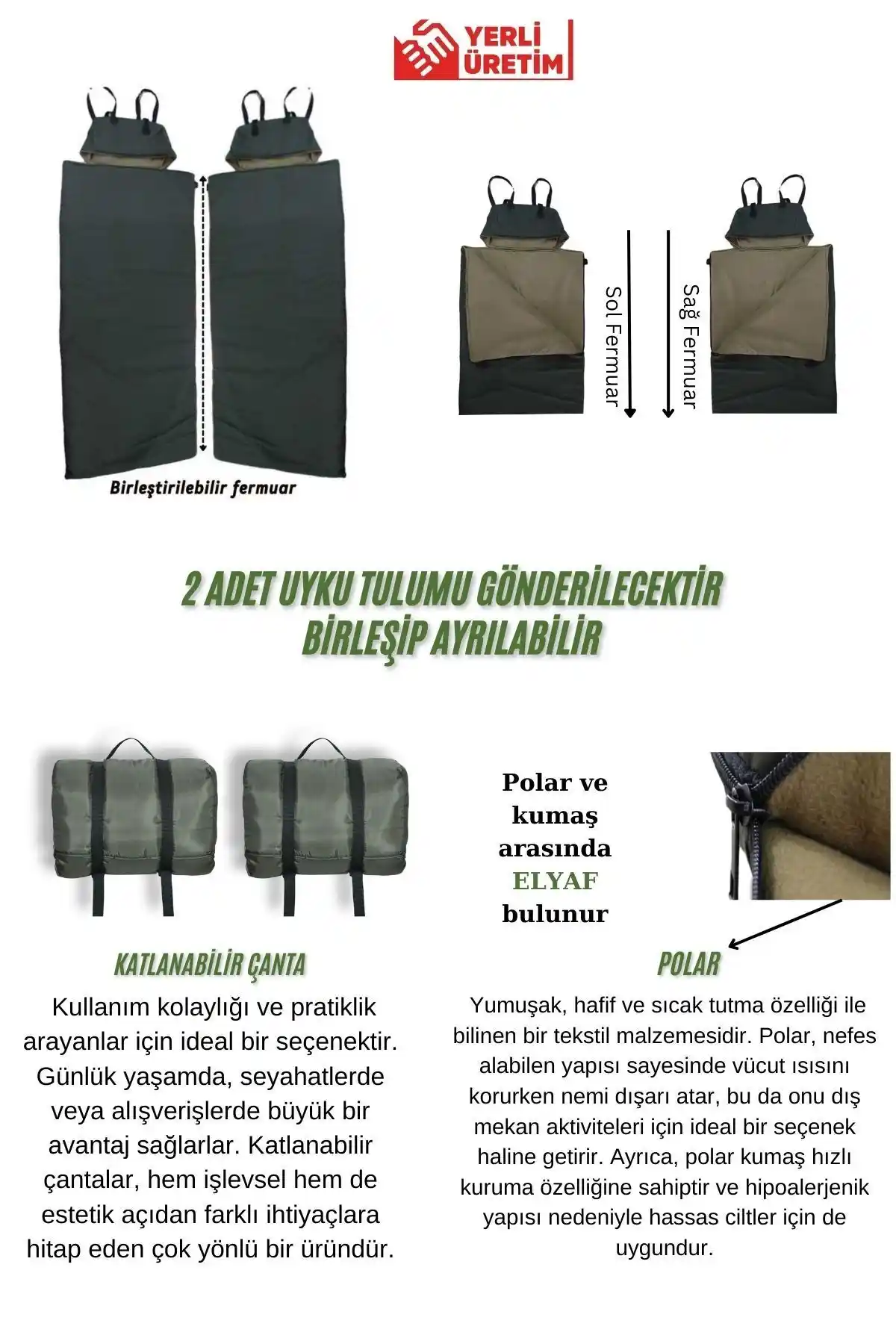 Med Online Çift Kişilik Haki Uyku Tulumu Yüksek Isolasyon ve Çok Mevsim Kullanım