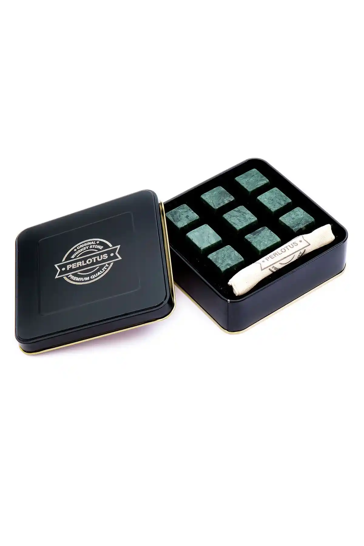 Perlotus 9'lu Mermer Viski Taşı Seti Yeşil Mermerden Doğal Hediye Alternatifi