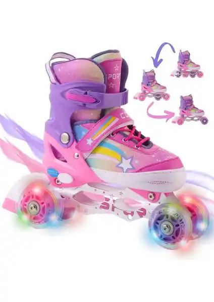 Çocuklar İçin Gökkuşağı ve Yıldız Temalı LED Işıklı Güvenli Kayma Patenleri