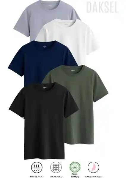 Noetr Erkek Bisiklet Yaka Pamuk Tişört Paketi 5'li Rahat Kesim ve Günlük Kullanım