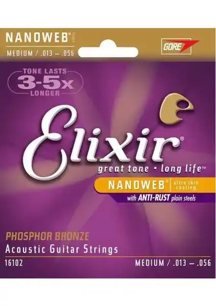 Elixir 16102 Nanoweb Fosfor Bronz Akustik Gitar Telleri Uzun Ömür ve Üstün Ton Kalitesi İçin İdeal Seçenek