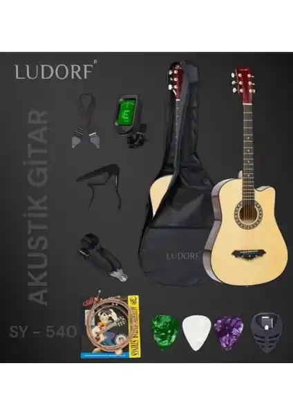 Ludorf Sy 540 Akustik Gitar Profesyonel Seviye ve Tüm Aksesuarlarıyla Birlikte