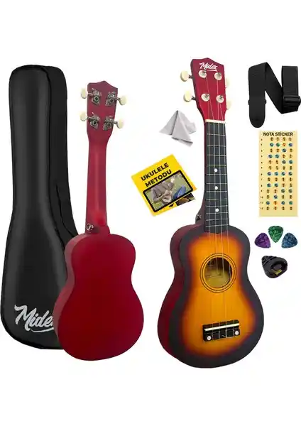 Midex UKX-901SB Sunburs Soprano Ukulele: Dayanıklı Tasarım ve Zengin Aksesuar Paketiyle