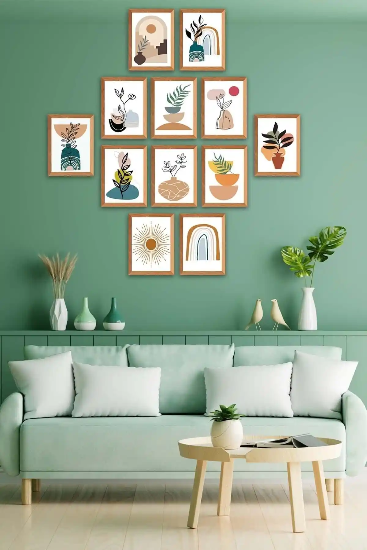 12 Parça Ahşap Çerçeve Görünümlü Sanatsal Tablo Seti İç Mekan Dekorasyonu