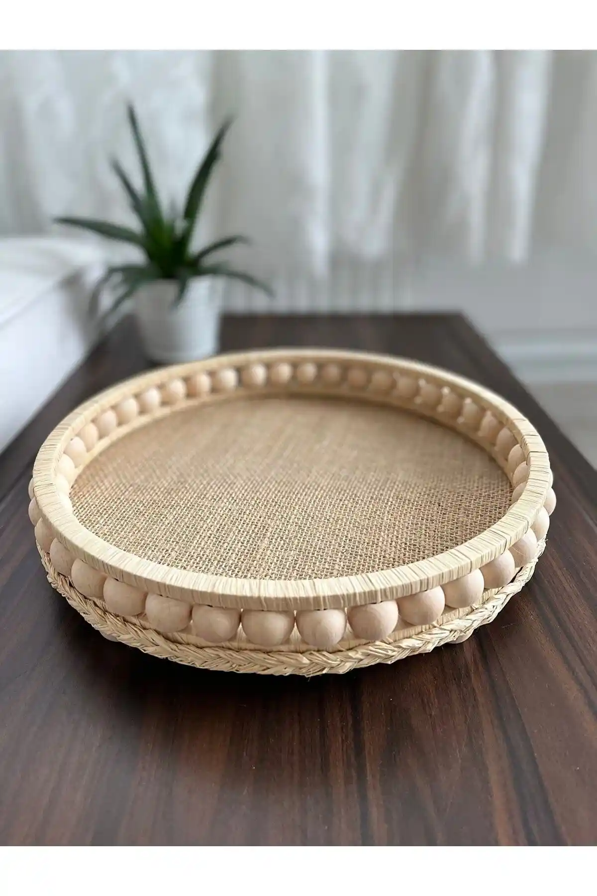 Ahşap Boncuklu Hasır Tepsi 22 Cm Doğal Rafya ile Zarif Dekoratif Parça