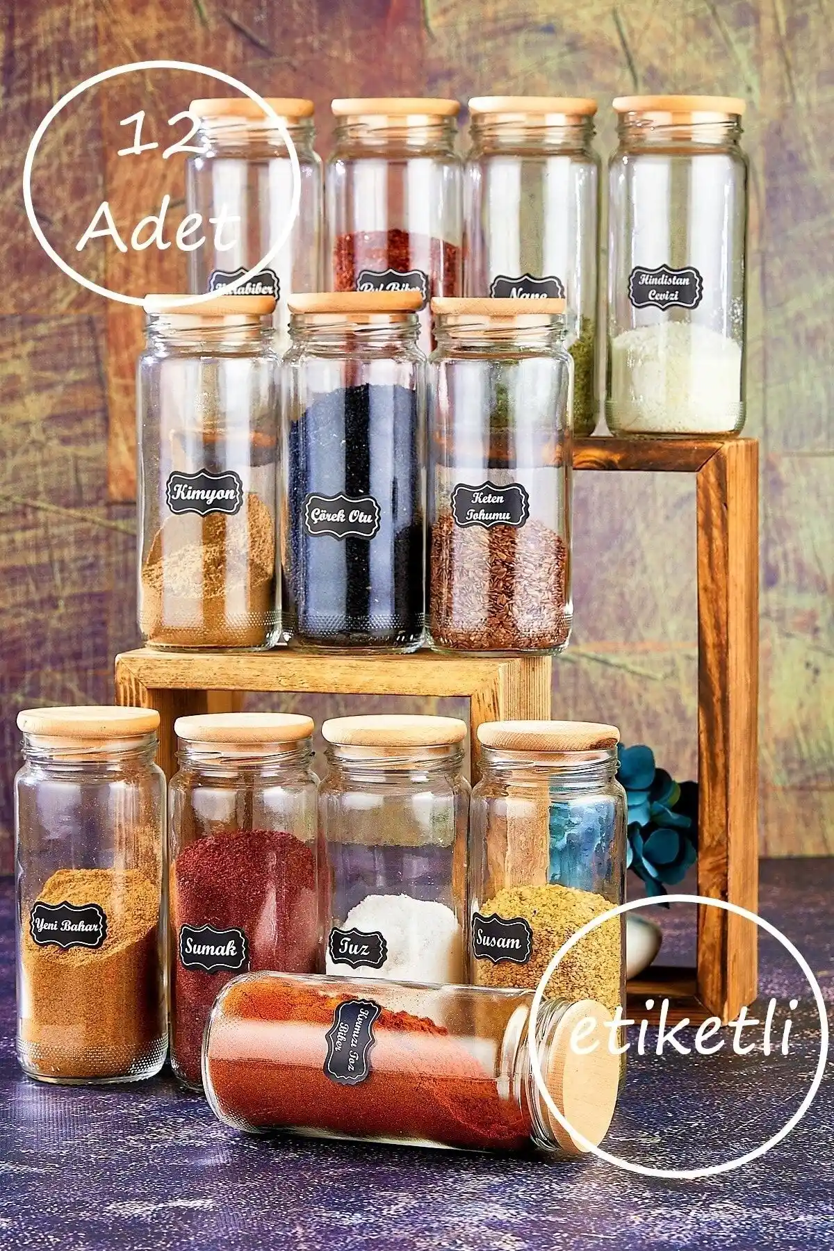 Ahşap Kapaklı 12'li Cam Baharatlık Seti Mutfakta Düzen ve Şıklık Sağlar