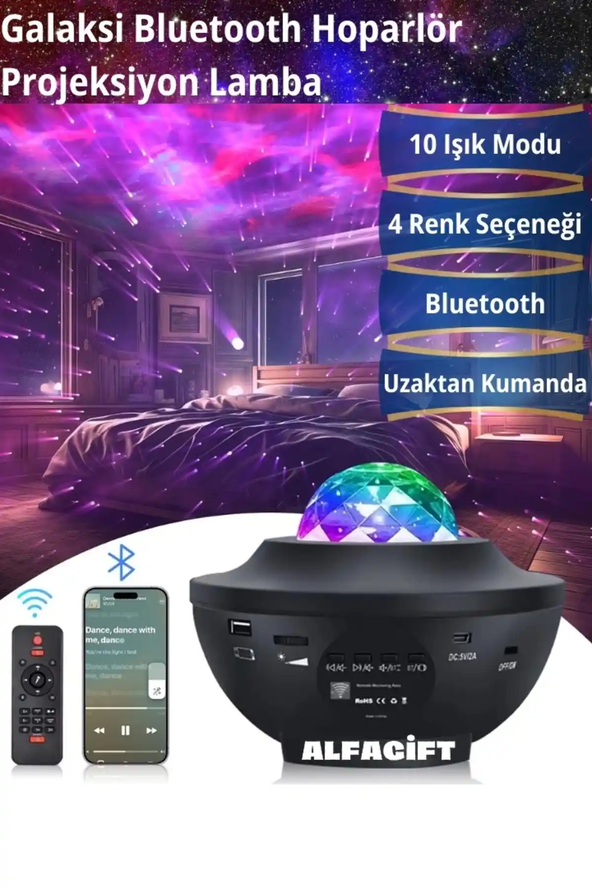 ALFAGİFT Yıldızlı Bluetooth Hoparlör ve Tavan Projektör ile Atmosferi Yeniden Yaratın
