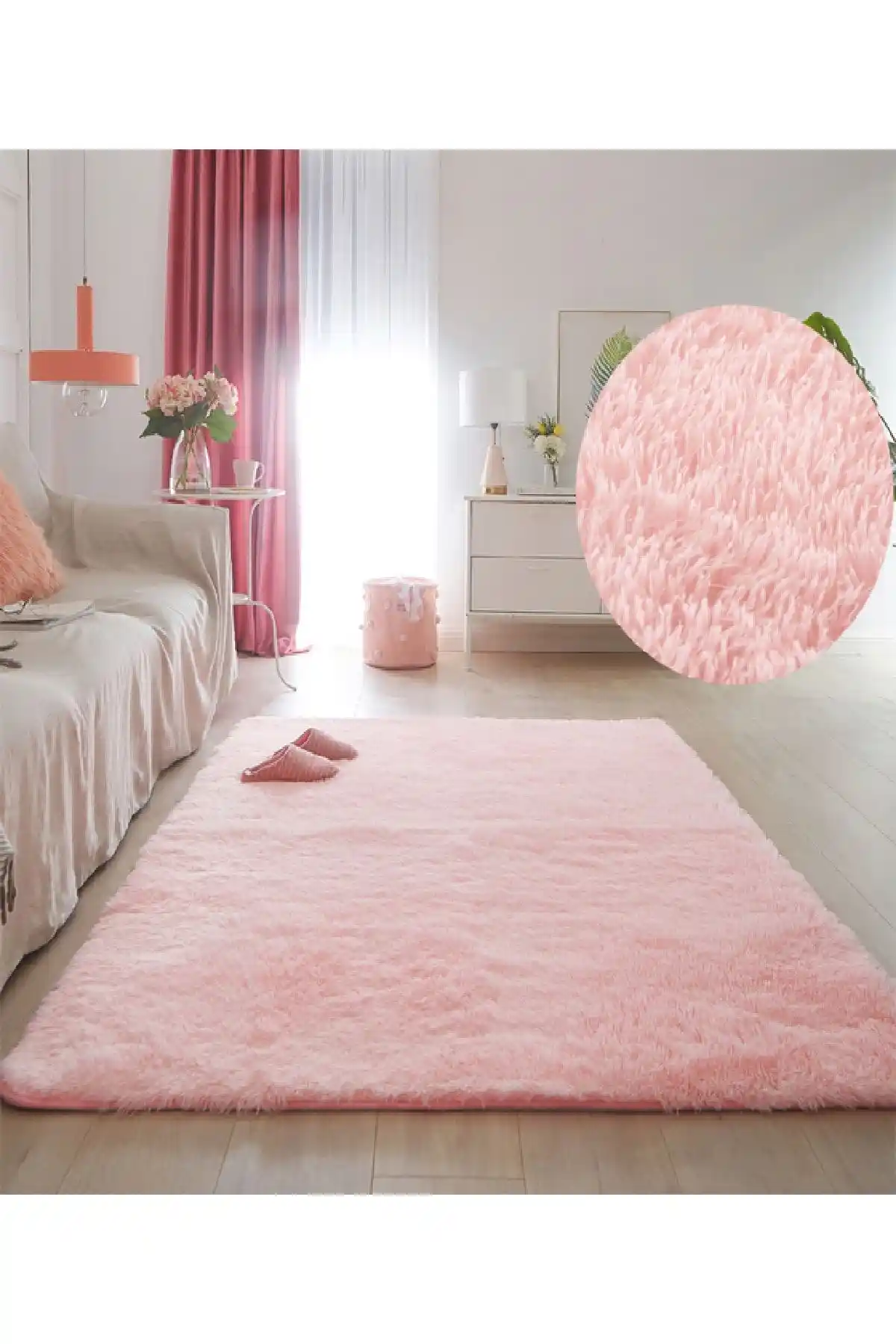 Algorand Home Oturma Odası Pembe Pudra Peluş Halı Yumuşak ve Şık Tasarım