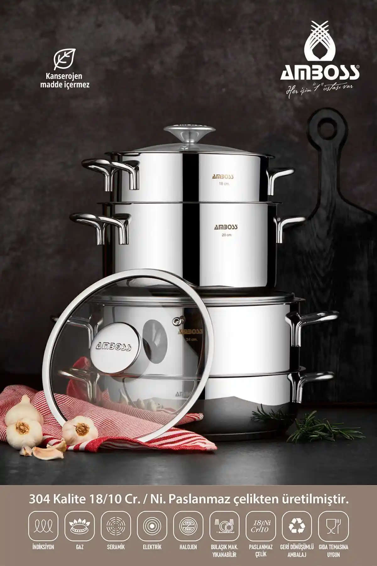 Amboss Cool 8 Parça Paslanmaz Çelik Tencere Seti Modern ve Dayanıklı Mutfak Gereçleri