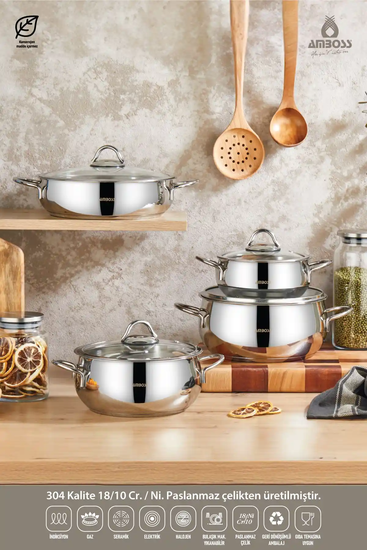 Amboss Stone 8 Parça Paslanmaz Çelik Tencere Seti: Dayanıklı ve Estetik Mutfak Gereçleri