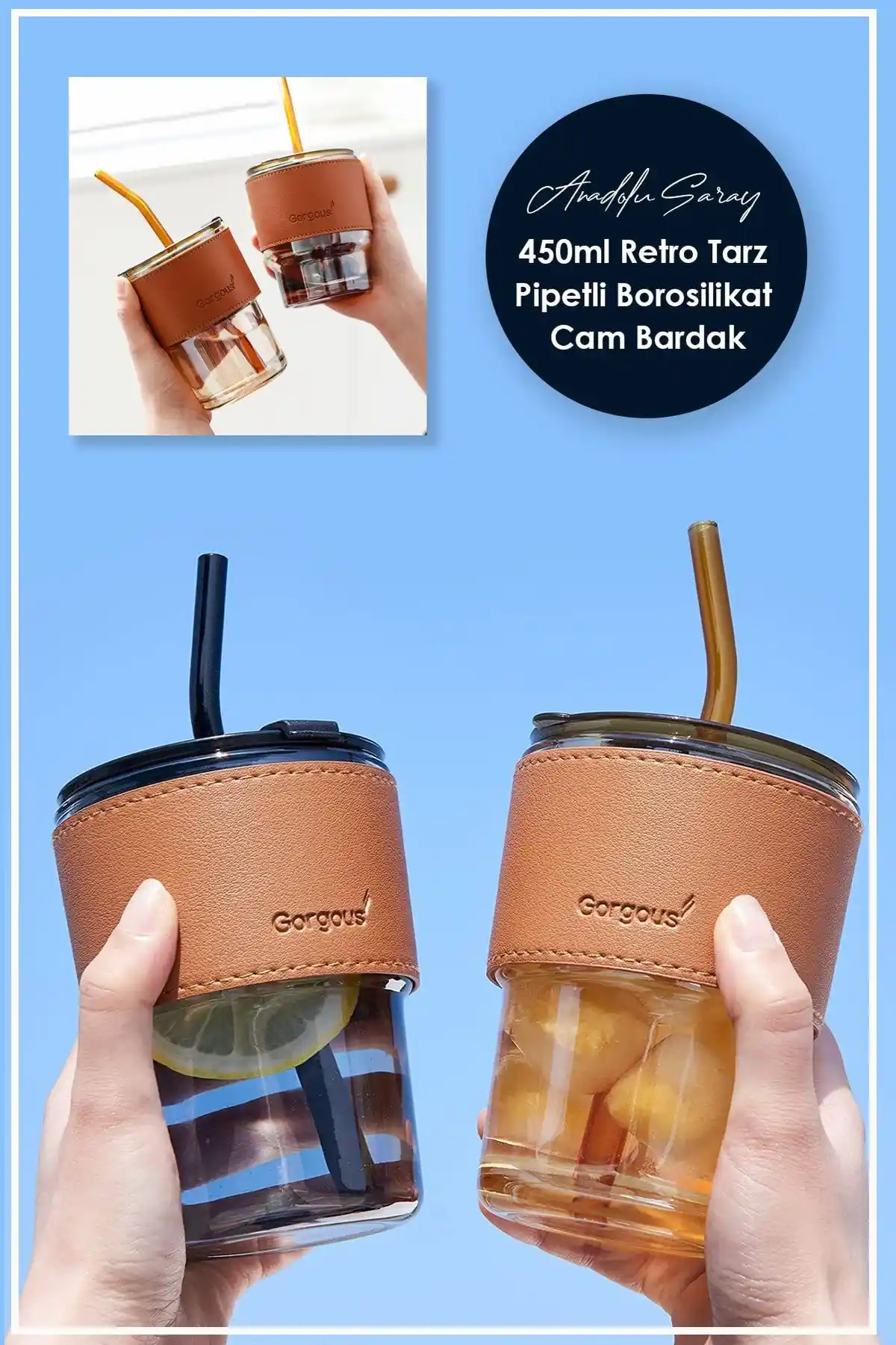 Anadolu Saray 450ml Isıya Dayanıklı Retro Deri Şeritli Borosilikat Bardak