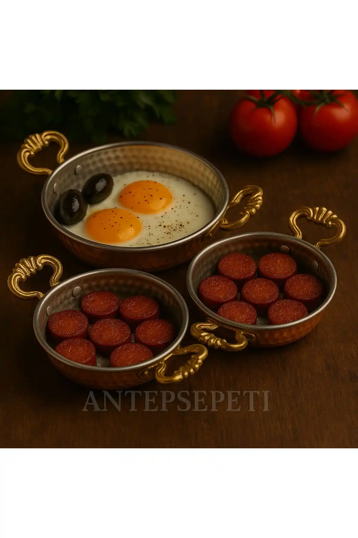 Antepset Bakır Dövme Tava Seti 3'lü - Modern ve Dayanıklı Mutfak Gereçleri