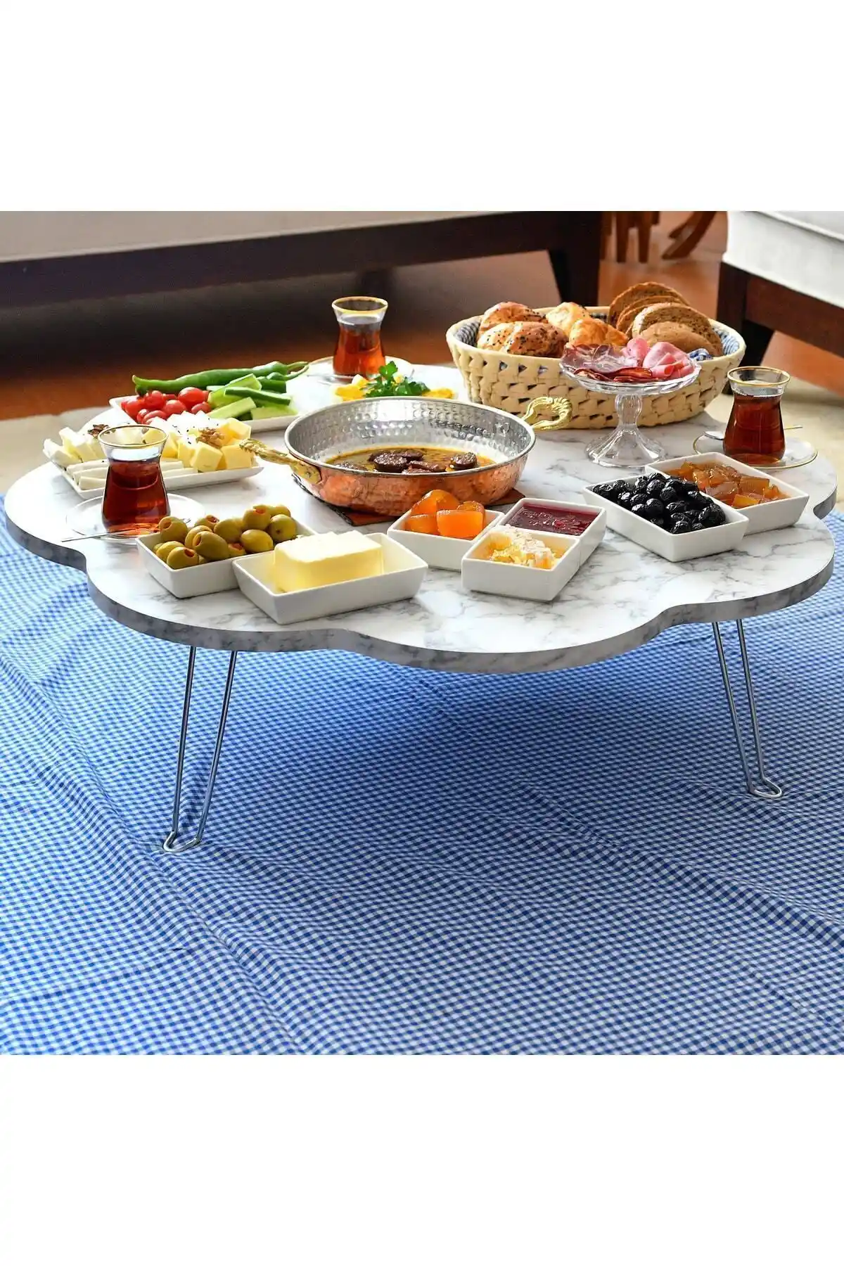 Arvenlive Beyaz Mermer Desenli Ahşap Katlanabilir Oturma Sehpası 90x90 cm