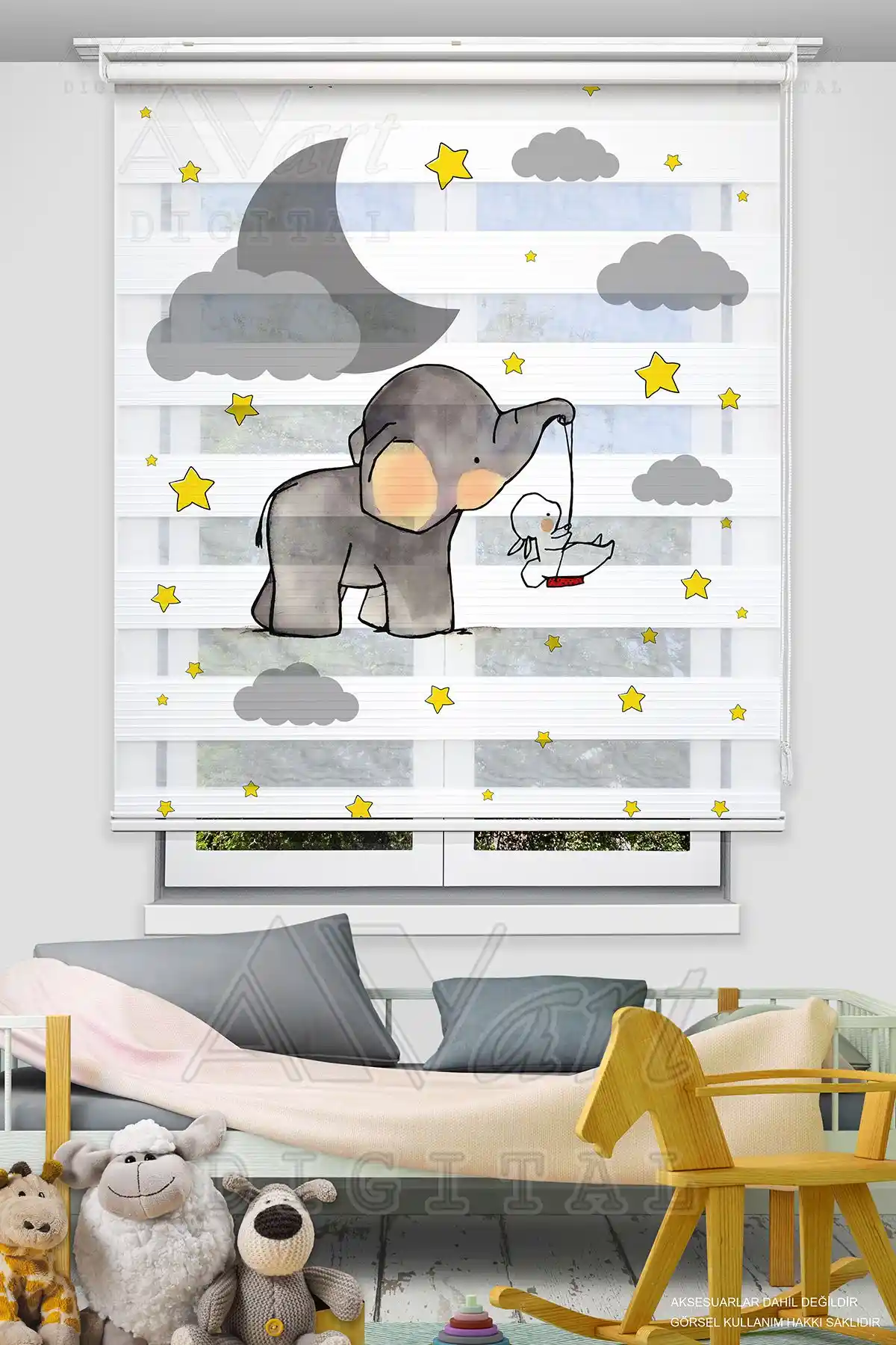 Avart Digital Sevimli Fil ve Tavşan Baskılı Çocuk Odası Perde 180x180 cm ve 170x180 cm