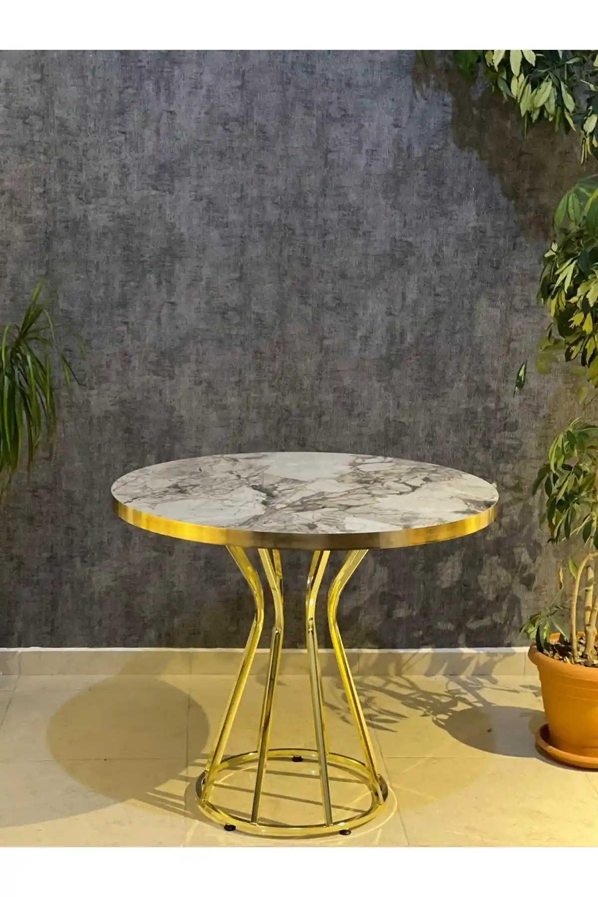 Avvio 90x90 Beyaz Mermer Görünümlü Gold Kum Saat Ayaklı Mutfak Masası