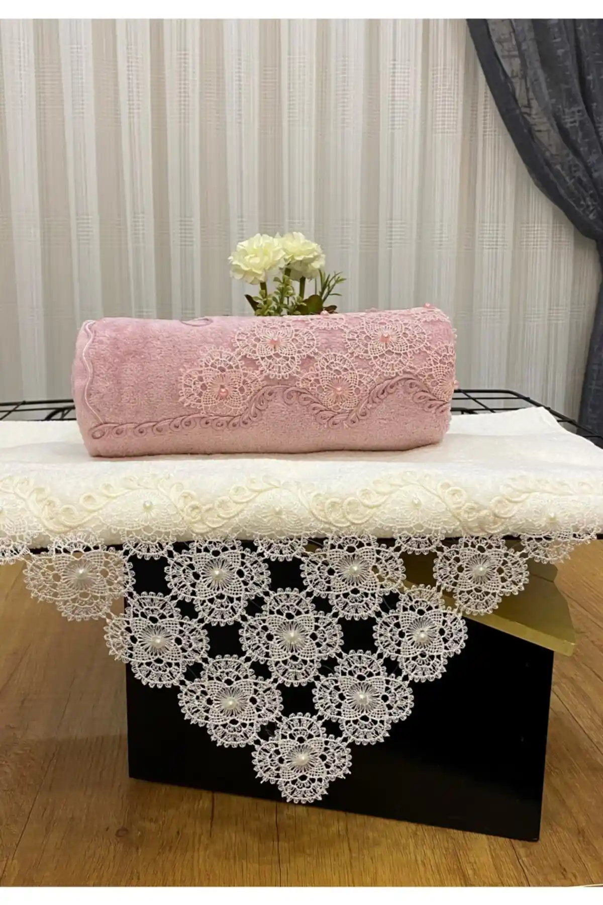 AYHANHOME 2'li 50x90 Pamuklu Kadife Iğne Oyası Motifli El Yüz Havlusu