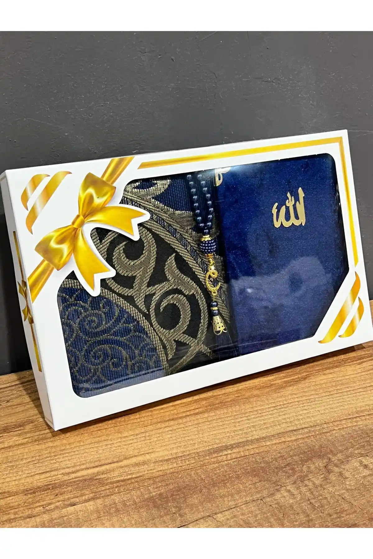 AYHANHOME Lacivert Tafta Saçaklı Seccade Yasin ve Tesbih Seti Dini Hediye Alternatifi