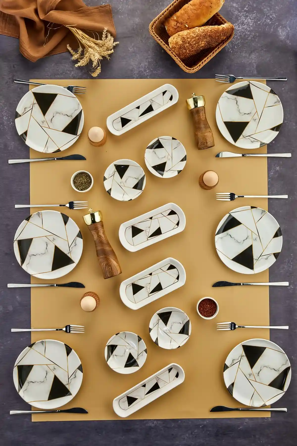 Babion Lüx Seramik Mozaik Mermer Kahvaltı Takımı 14 Parça Şık ve Dayanıklı Tasarım