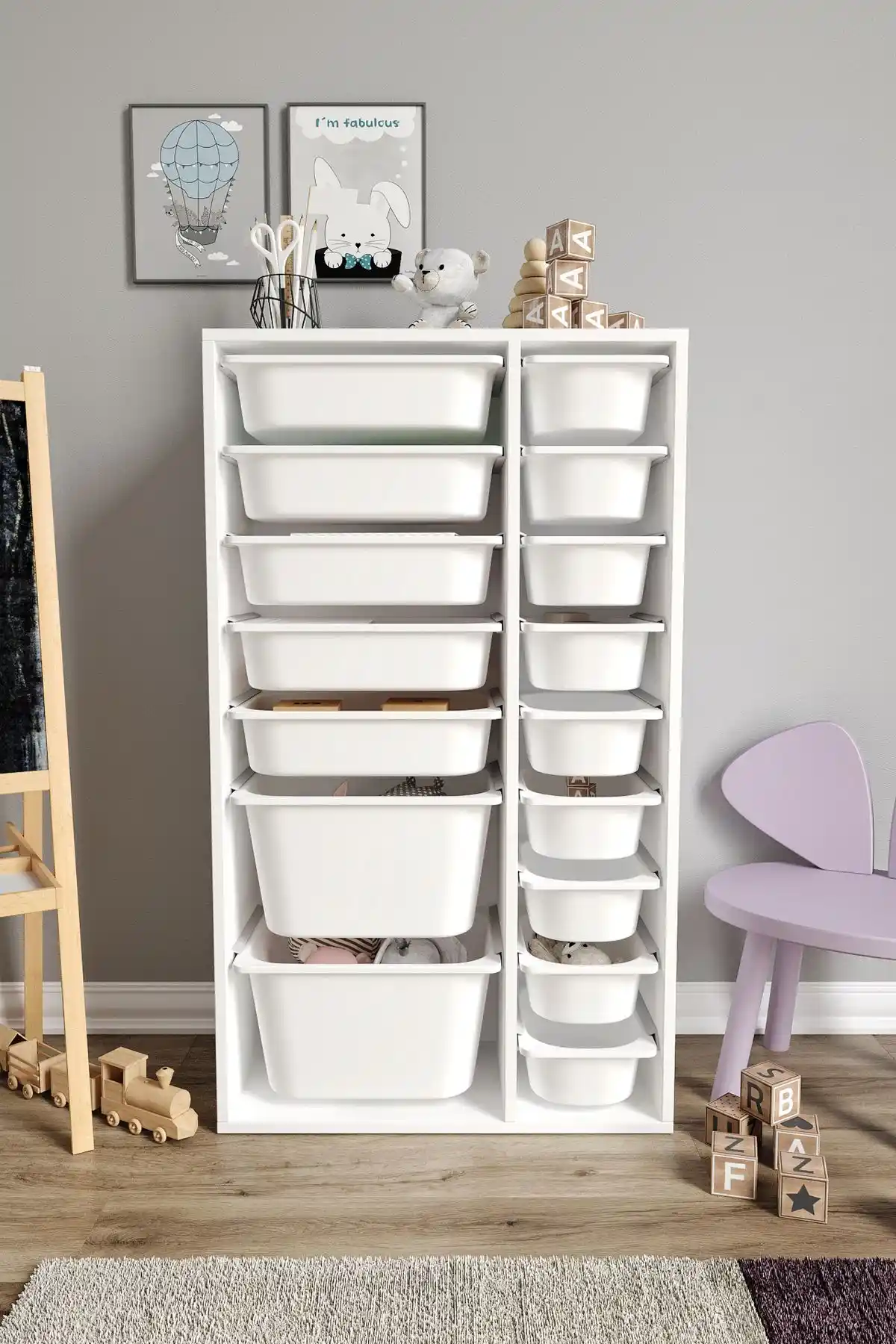 Baby Darling %100 MDF XL Duo 16 Sepetli Oyuncak Dolabı Modern ve Pratik Çocuk Odası Depolama Ünitesi