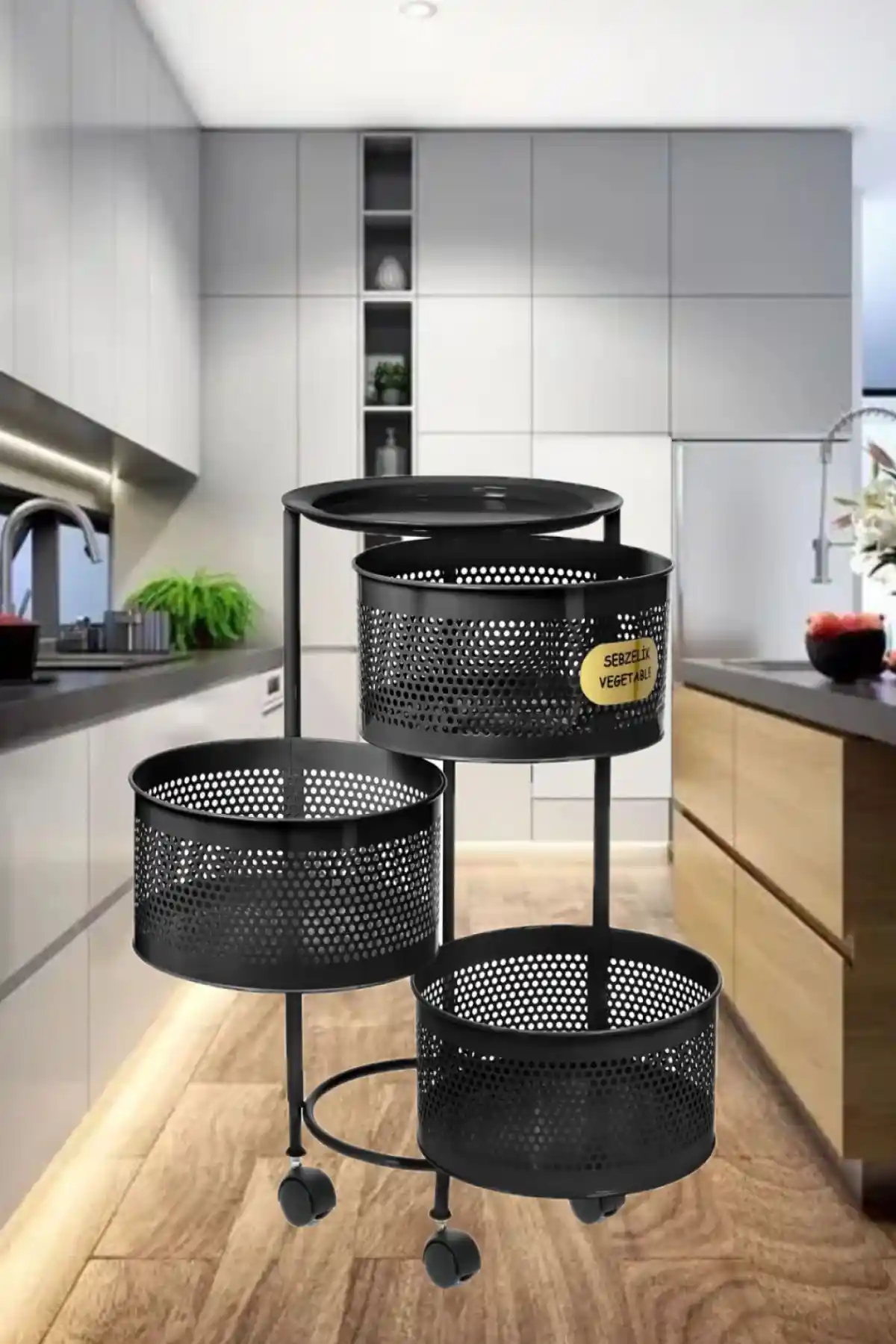 Bayev 3 Katlı Siyah Tekerlekli Sebze ve Meyve Sepeti: Dayanıklı ve Şık Depolama Çözümü
