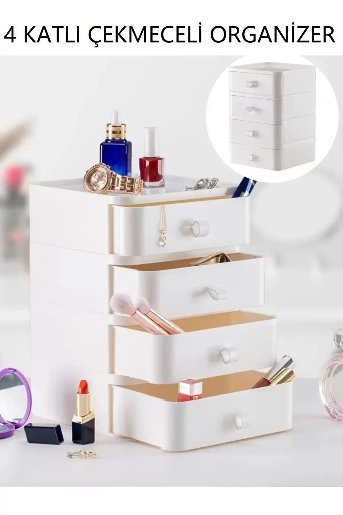 Bayev 4 Katlı Çekmeceli Takı ve Makyaj Düzenleyici Modern ve Şık Tasarım
