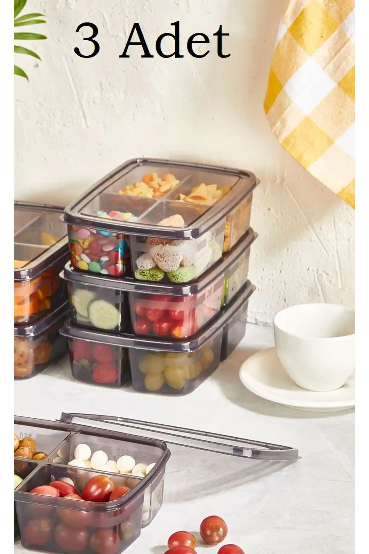 Bayev Füme Renkli Dört Bölmeli Öğünlük Gıda Saklama Kabı Seti - Dayanıklı ve Hijyenik Kullanım