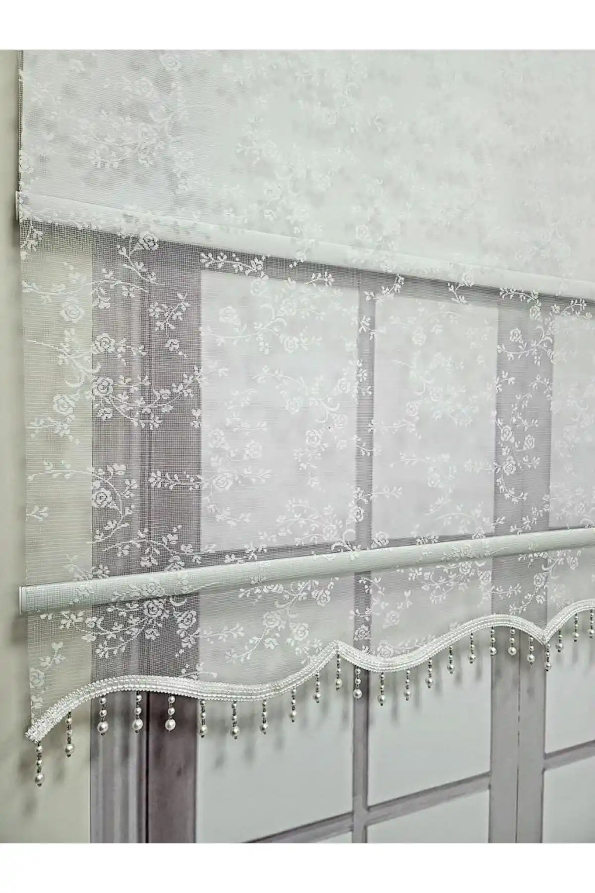 BBB Çiçek Desenli Boncuklu Tül ve Stor Perde Beyaz Modern ve Şık Tasarım