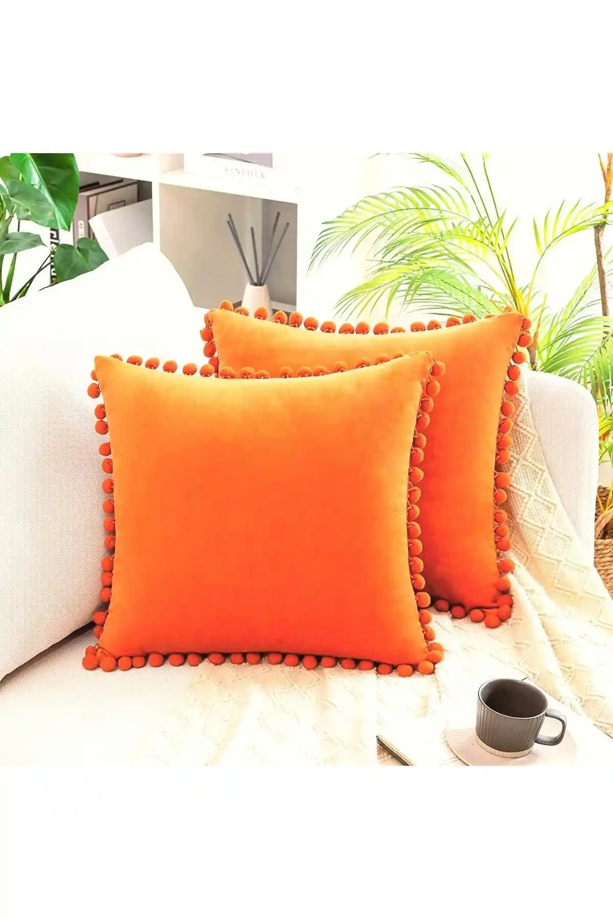BC Home 2'li Turuncu Ponponlu Yukarı Dokulu Kırlent Kılıfı Seti | Modern ve Şık Tasarım