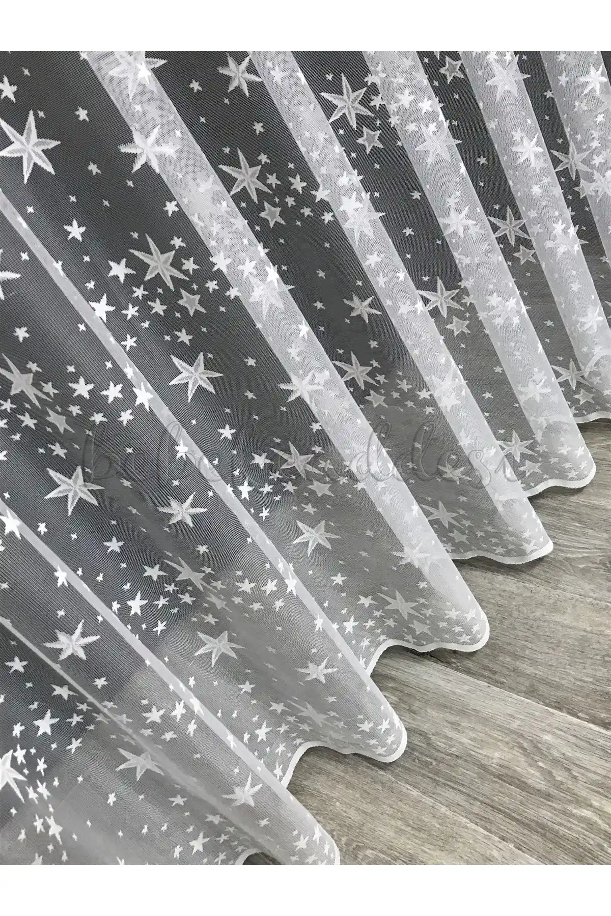 Bebekcaddesi Yeni Yıl<dı>z Desenli Modern Çocuk Odası Tül Perde Ekru Renk